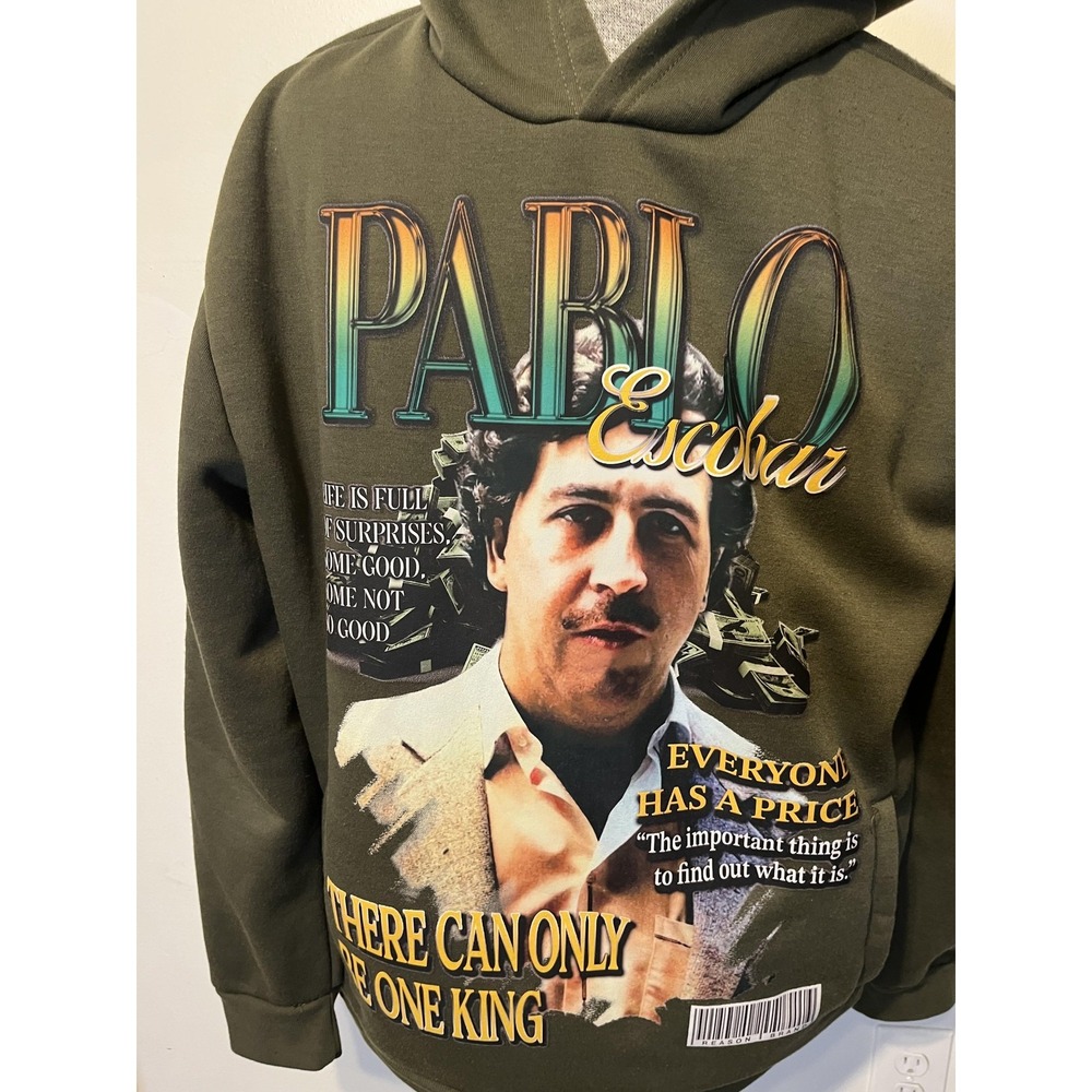 Reason Hoodie Mens 2XL Green Pablo Escobar Graphic Pullover Fleece Sweatshirt - Picture 3 of 8